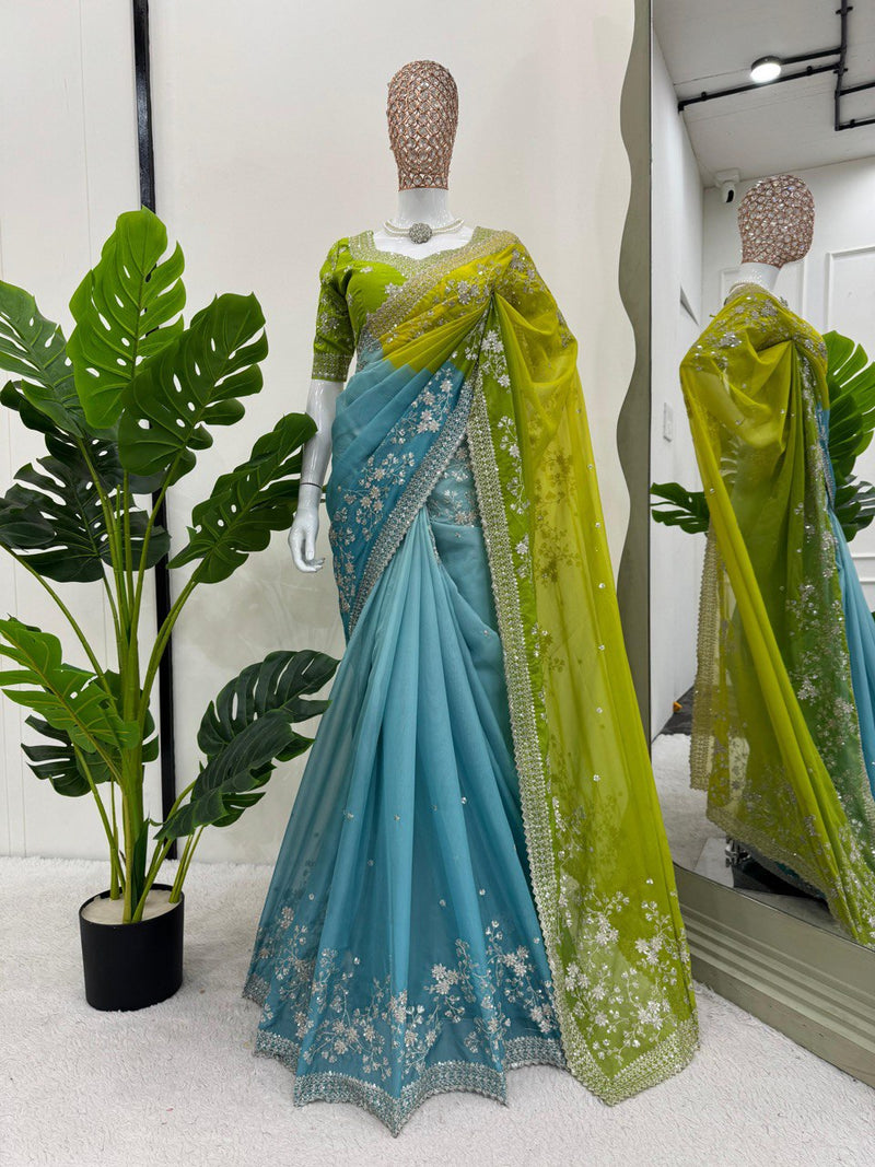 Blue-Green Color Wedding Wear Silk Designer Saree