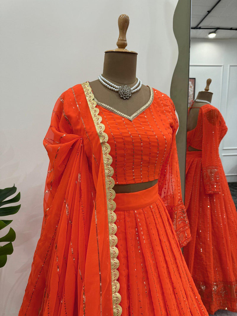 Orange Color Wedding Wear Sequins Work Georgette Lehenga Choli