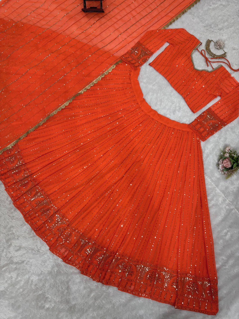 Orange Color Wedding Wear Sequins Work Georgette Lehenga Choli