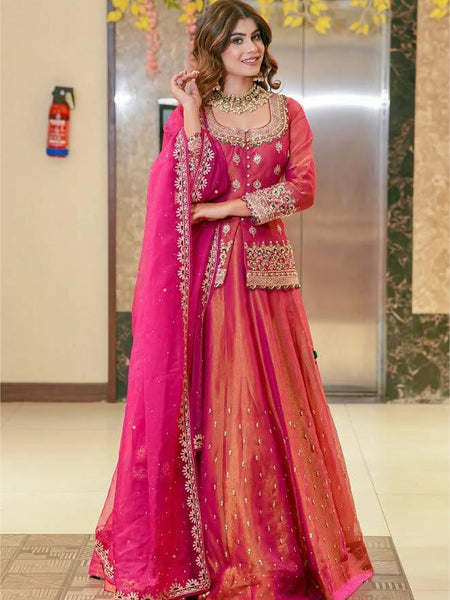 Pink Color Wedding Wear Designer Embroidered Ready to Wear Lehenga Top
