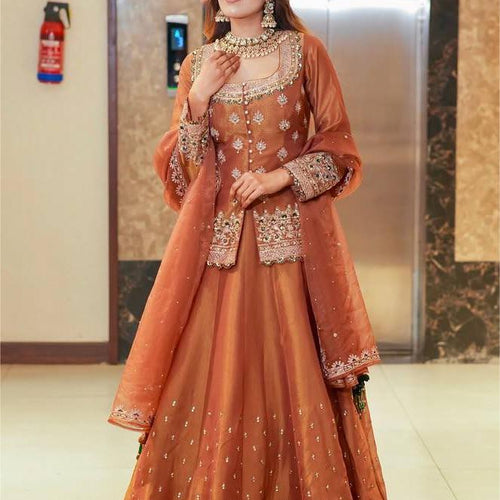 Orange Color Wedding Wear Designer Embroidered Ready to Wear Lehenga Top