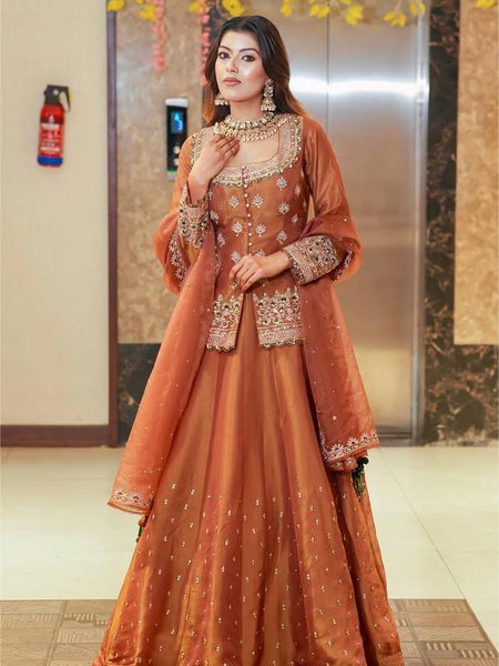 Orange Color Wedding Wear Designer Embroidered Ready to Wear Lehenga Top