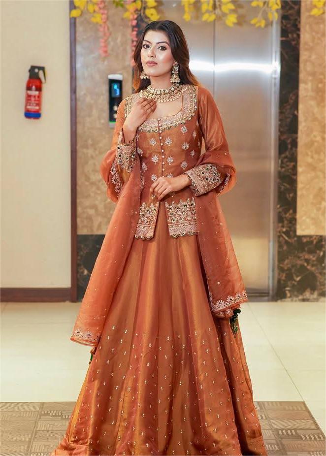 Orange Color Wedding Wear Designer Embroidered Ready to Wear Lehenga Top