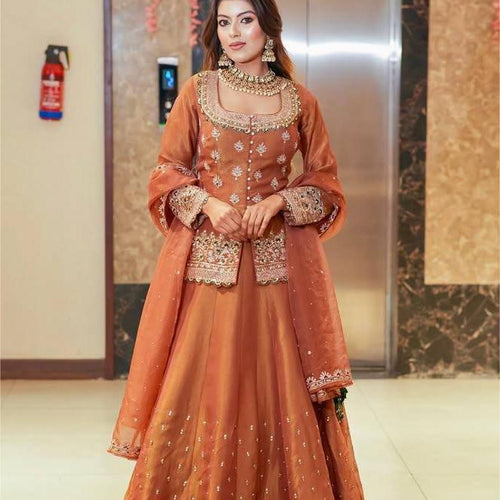 Orange Color Wedding Wear Designer Embroidered Ready to Wear Lehenga Top