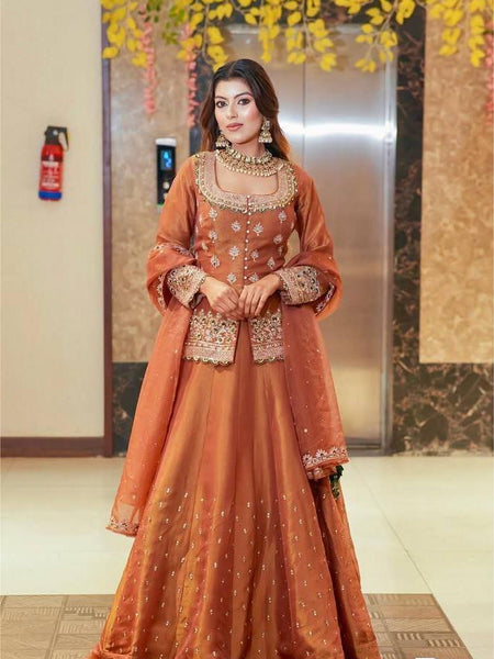 Orange Color Wedding Wear Designer Embroidered Ready to Wear Lehenga Top