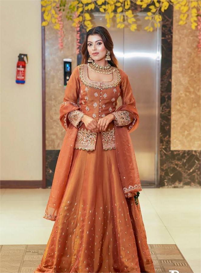 Orange Color Wedding Wear Designer Embroidered Ready to Wear Lehenga Top