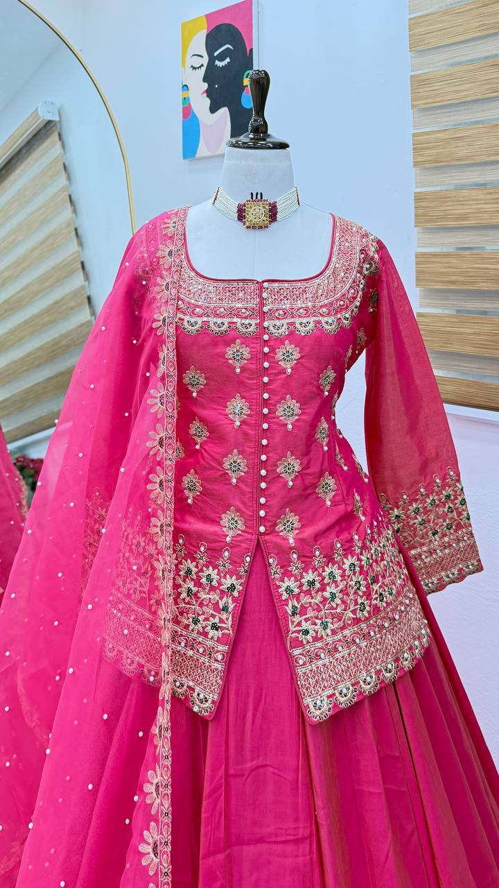 Pink Color Wedding Wear Designer Embroidered Ready to Wear Lehenga Top