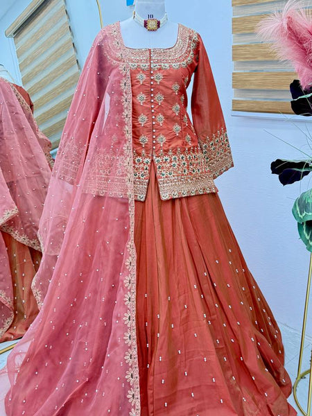 Orange Color Wedding Wear Designer Embroidered Ready to Wear Lehenga Top