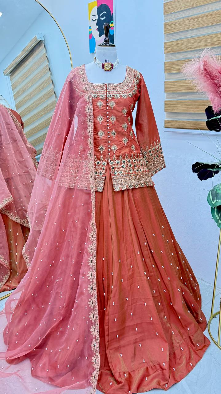 Orange Color Wedding Wear Designer Embroidered Ready to Wear Lehenga Top