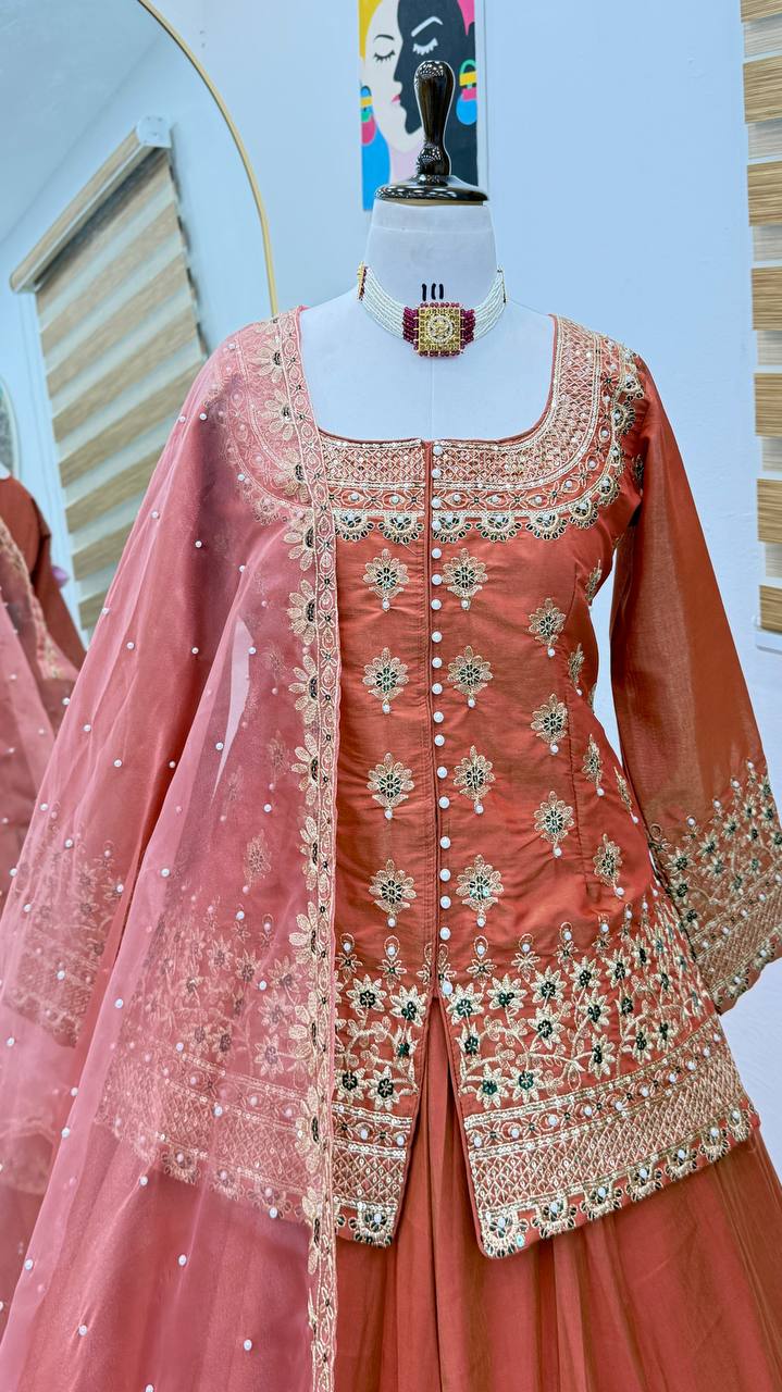 Orange Color Wedding Wear Designer Embroidered Ready to Wear Lehenga Top