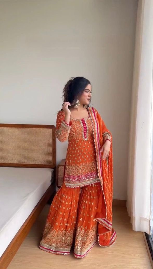 Orange Color Thread With Sequence work Sharara Suit