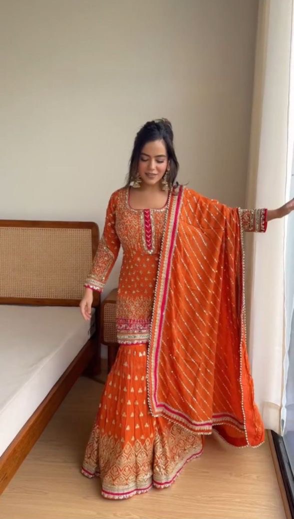 Orange Color Thread With Sequence work Sharara Suit