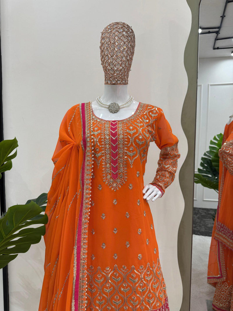 Orange Color Thread With Sequence work Sharara Suit