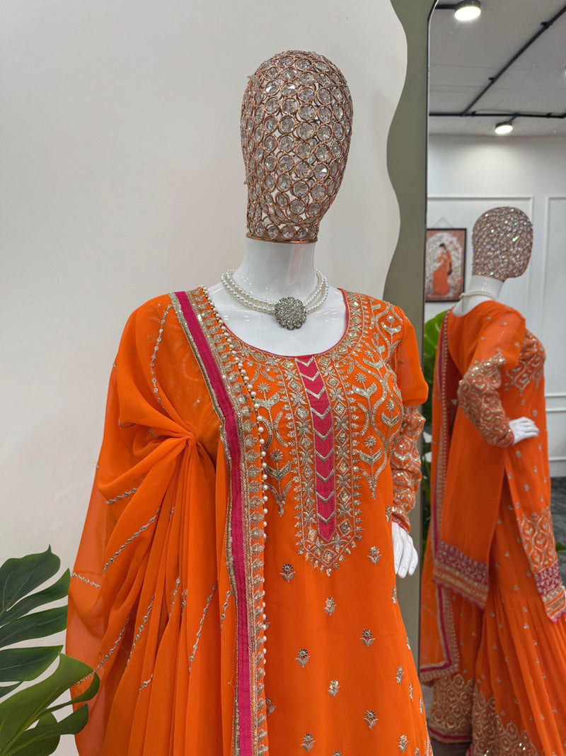 Orange Color Thread With Sequence work Sharara Suit