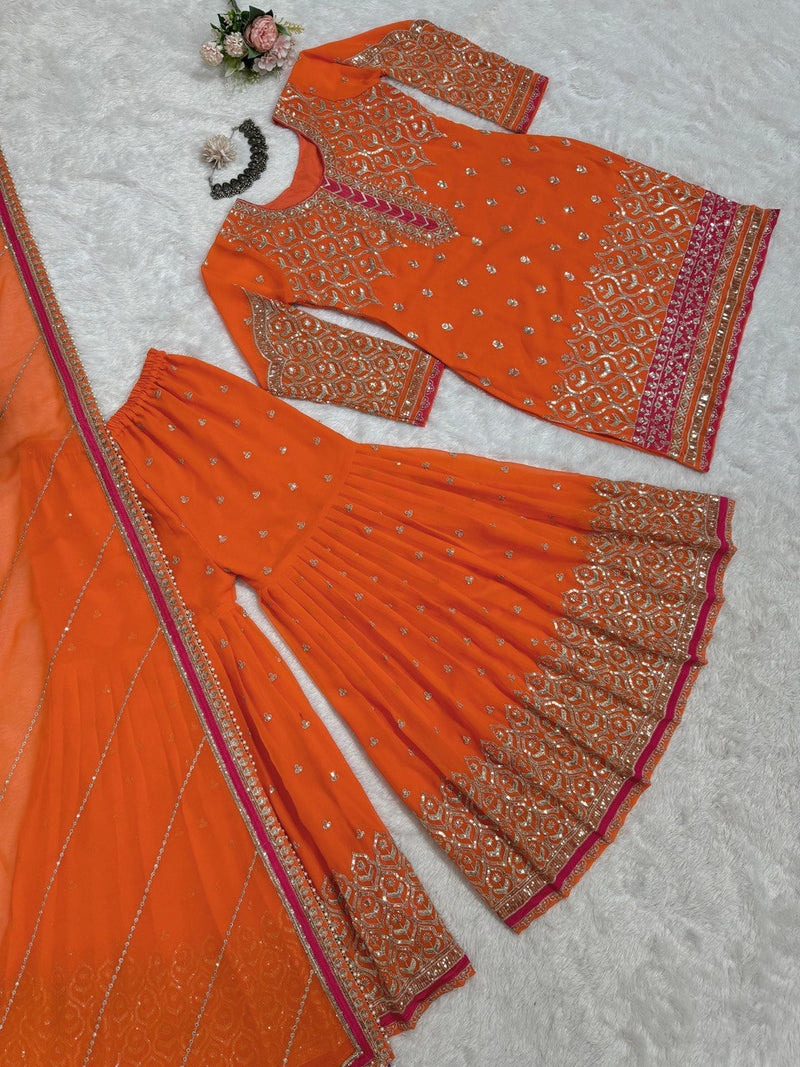 Orange Color Thread With Sequence work Sharara Suit