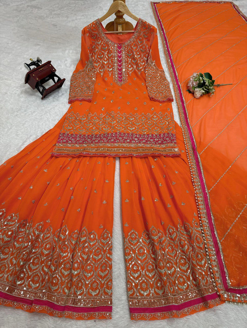 Orange Color Thread With Sequence work Sharara Suit