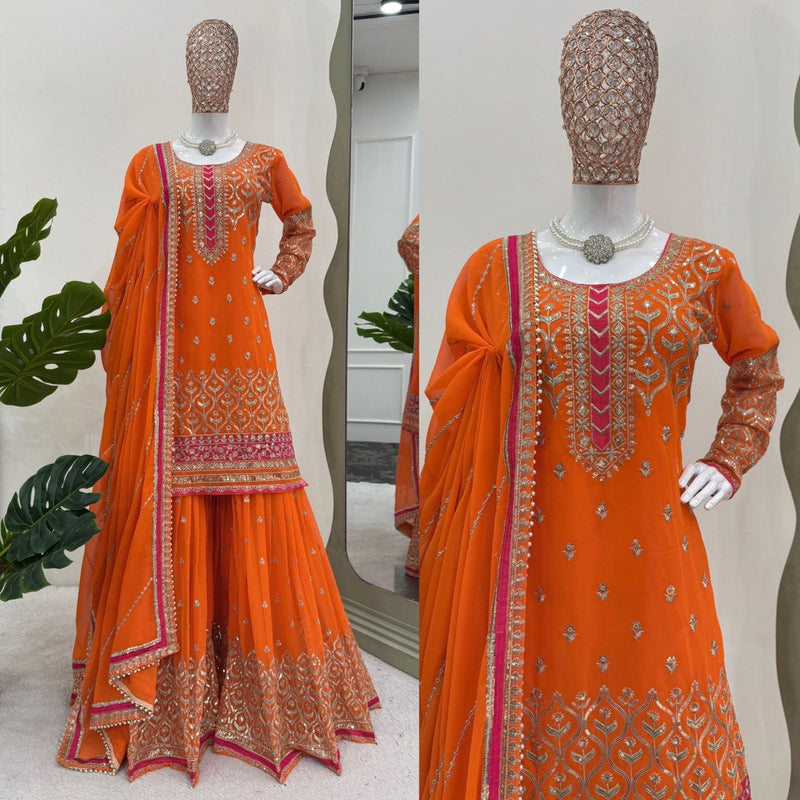 Orange Color Thread With Sequence work Sharara Suit