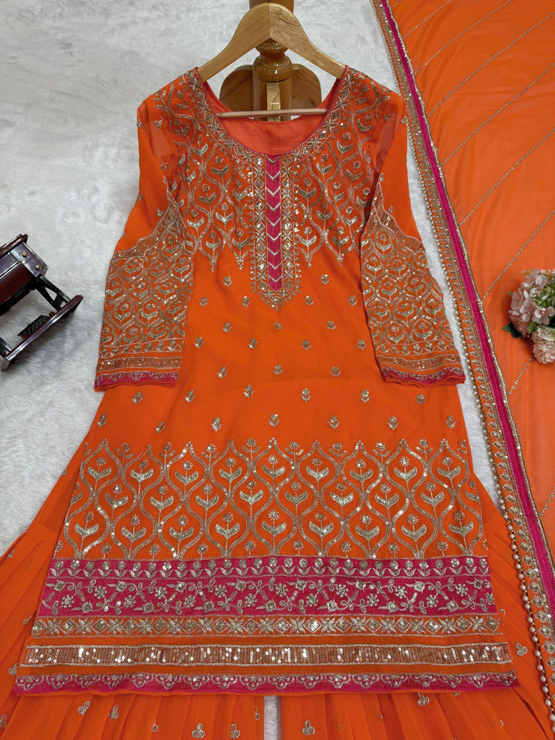 Orange Color Thread With Sequence work Sharara Suit