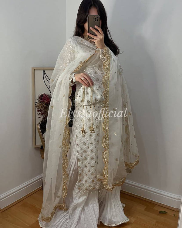 White Color Real Mirror and Sequins Embroidery Work Sharara Suit
