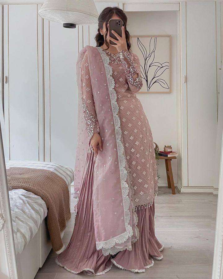 Pink Color Fox Georgette Real Mirror and Sequins Embroidery Work Sharara Suit