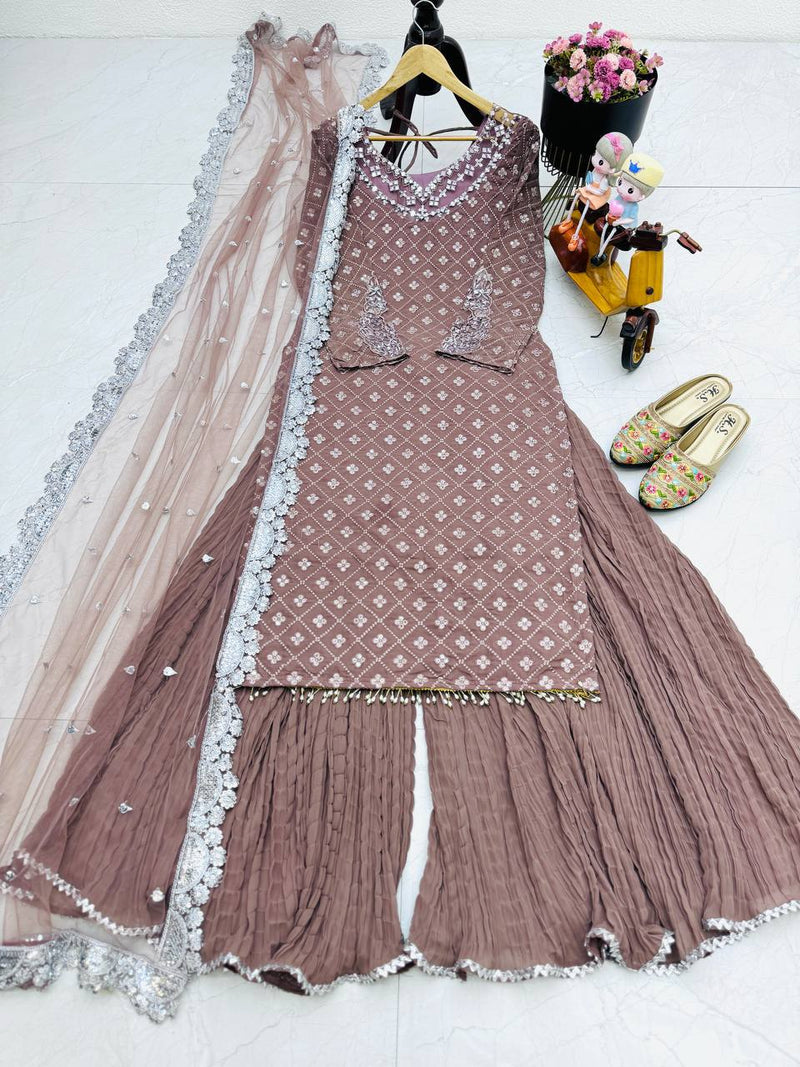 Pink Color Fox Georgette Real Mirror and Sequins Embroidery Work Sharara Suit