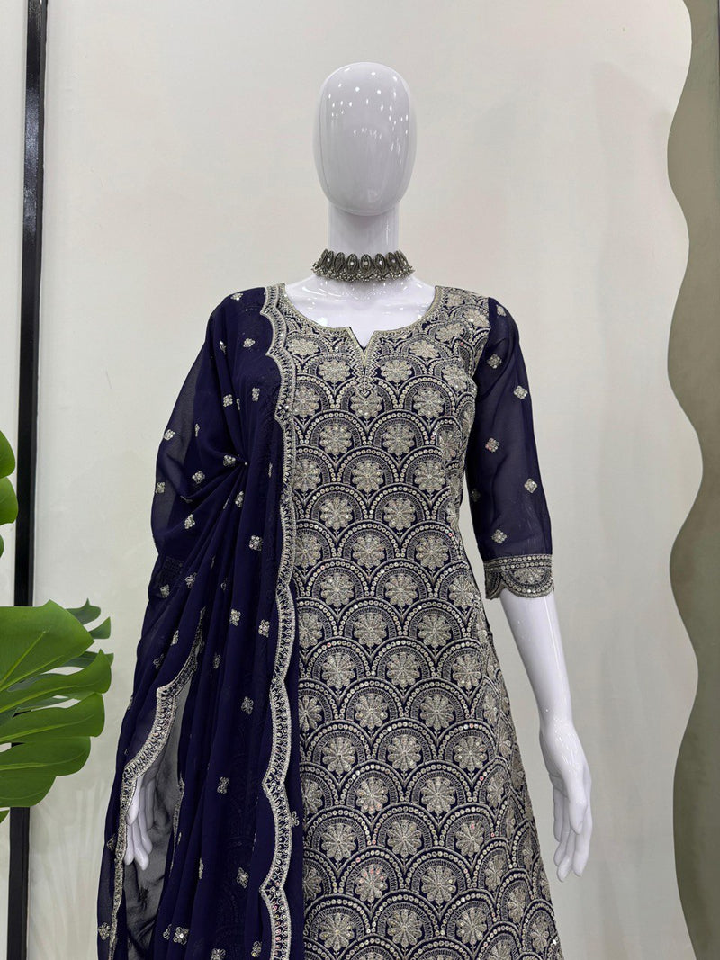 Blue Color Thread With Sequence work Sharara Suit