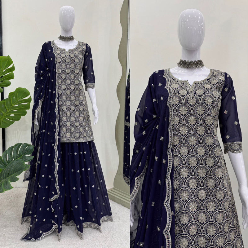 Blue Color Thread With Sequence work Sharara Suit