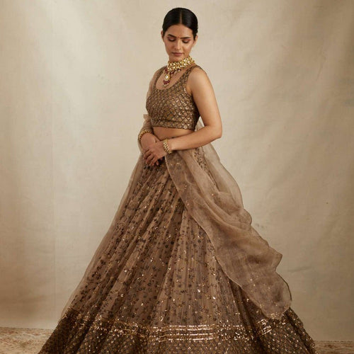 Golden Color Heavy Sequins Work Designer Net Lehenga Choli
