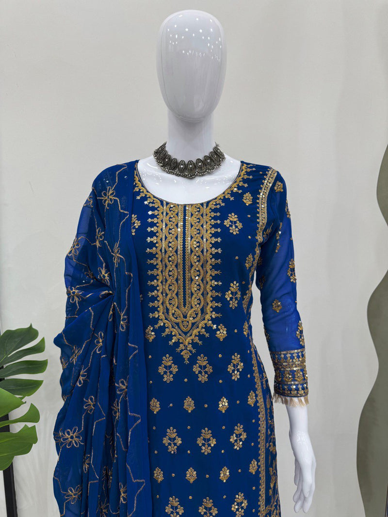 Blue Color Thread With Sequence work Sharara Suit