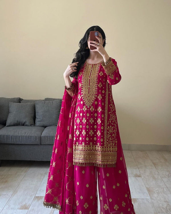 Pink Color Thread With Sequins Work Georgette Sharara Suit