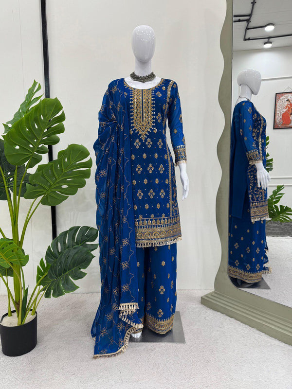 Blue Color Thread With Sequence work Sharara Suit