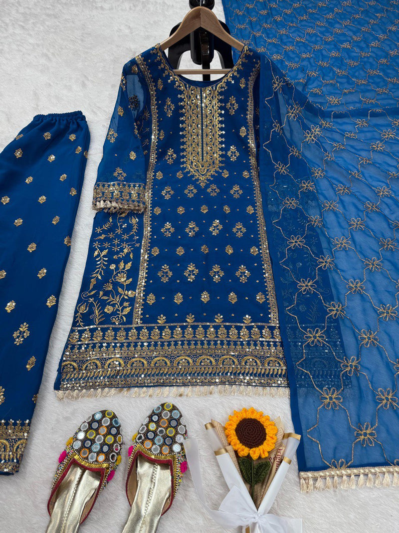 Blue Color Thread With Sequence work Sharara Suit