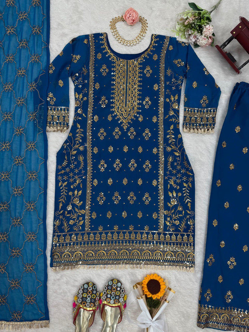 Blue Color Thread With Sequence work Sharara Suit