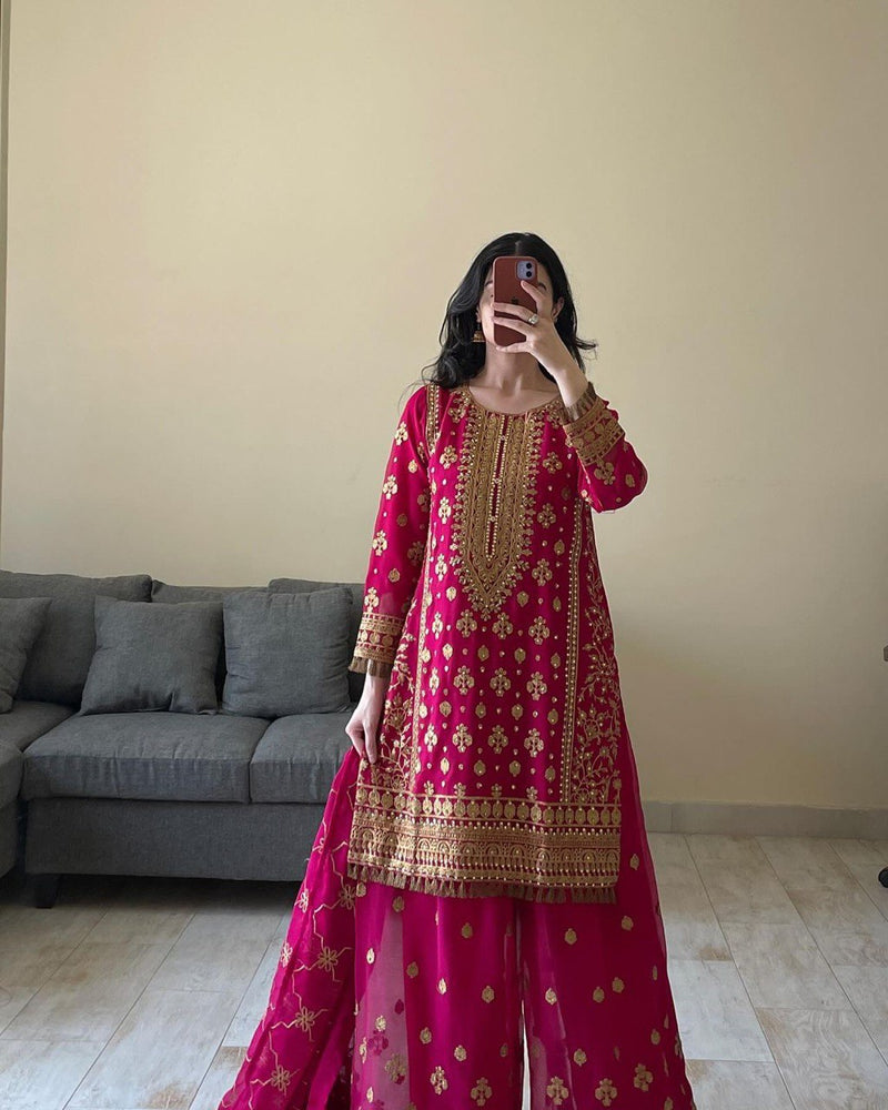 Pink Color Thread With Sequins Work Georgette Sharara Suit