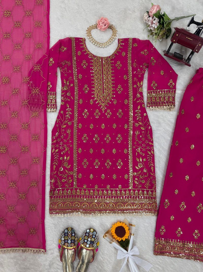 Pink Color Thread With Sequence work Sharara Suit