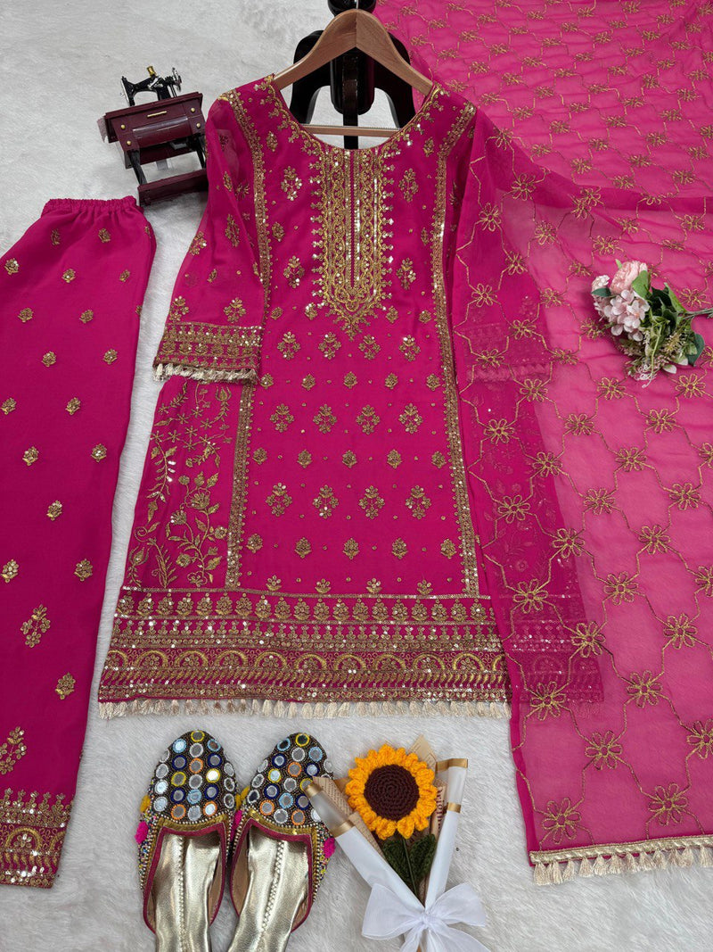 Pink Color Thread With Sequence work Sharara Suit