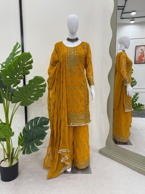 Yellow Color Thread With Sequence work Sharara Suit