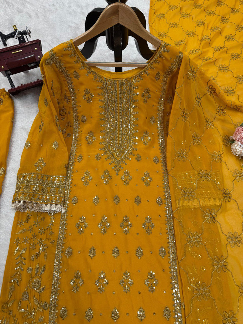 Yellow Color Thread With Sequence work Sharara Suit