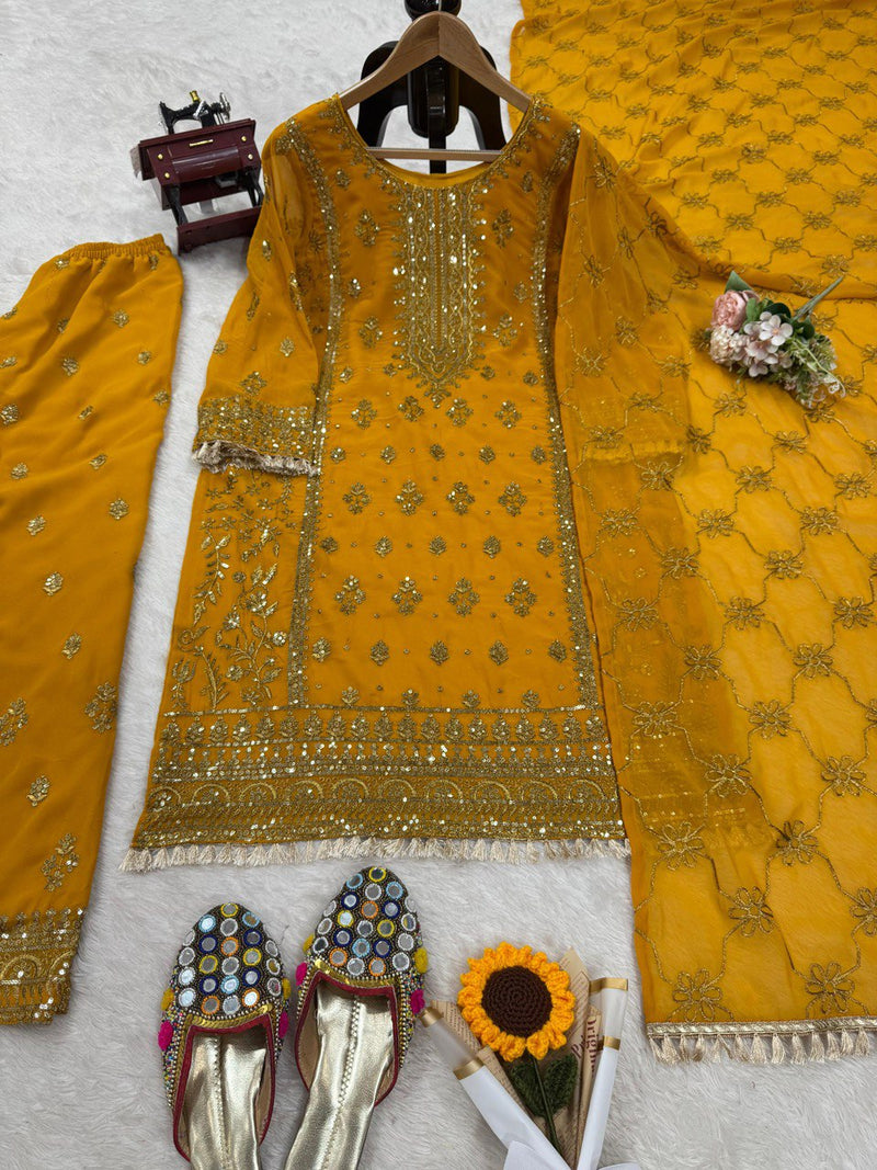 Yellow Color Thread With Sequence work Sharara Suit