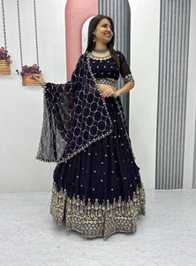 Wine Color Wedding Wear Thread With Sequins Work Georgette  Lehenga Choli