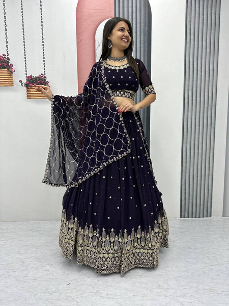 Wine Color Wedding Wear Thread With Sequins Work Georgette  Lehenga Choli