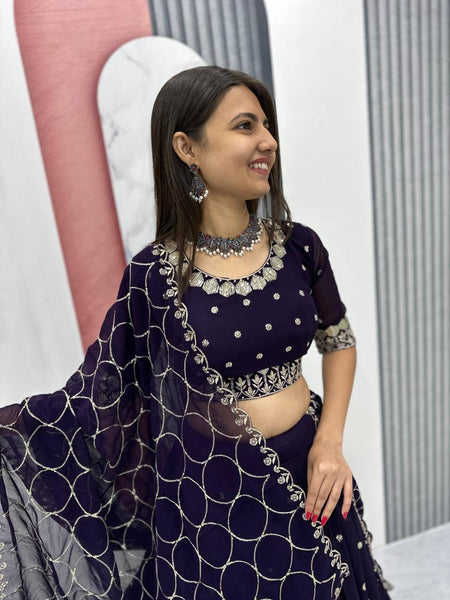 Wine Color Wedding Wear Thread With Sequins Work Georgette  Lehenga Choli