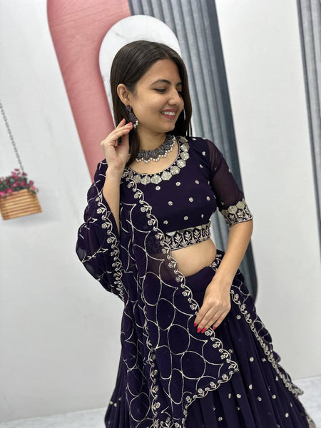 Wine Color Wedding Wear Thread With Sequins Work Georgette  Lehenga Choli