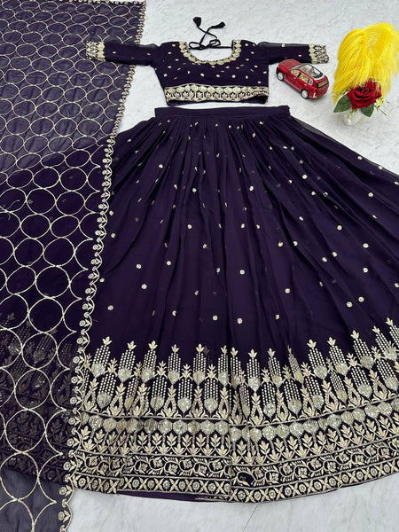 Wine Color Wedding Wear Thread With Sequins Work Georgette  Lehenga Choli