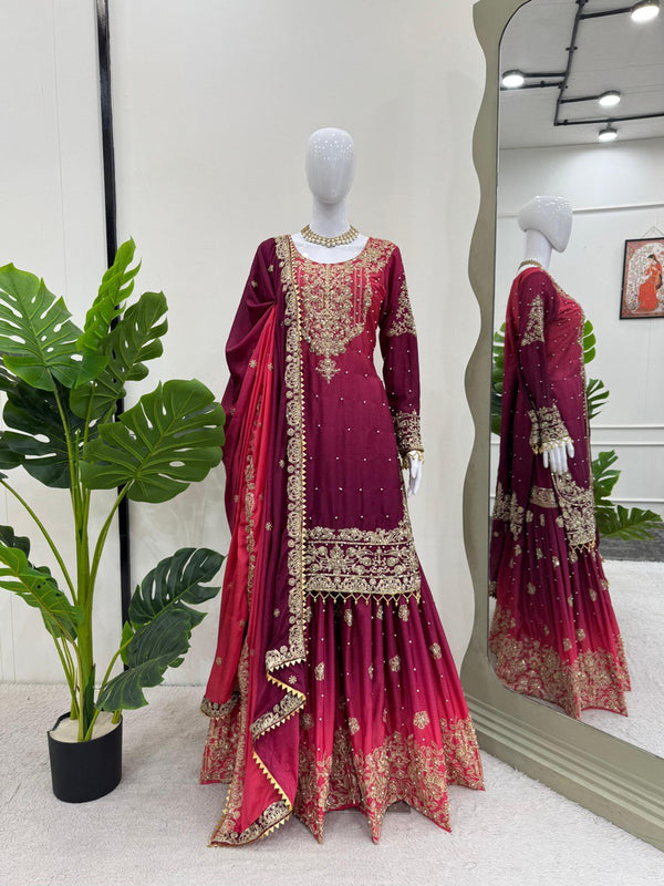 Dark Pink Color Sequence Work Designer Sharara Suit