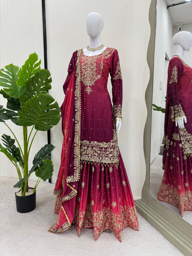 Dark Pink Color Sequence Work Designer Sharara Suit