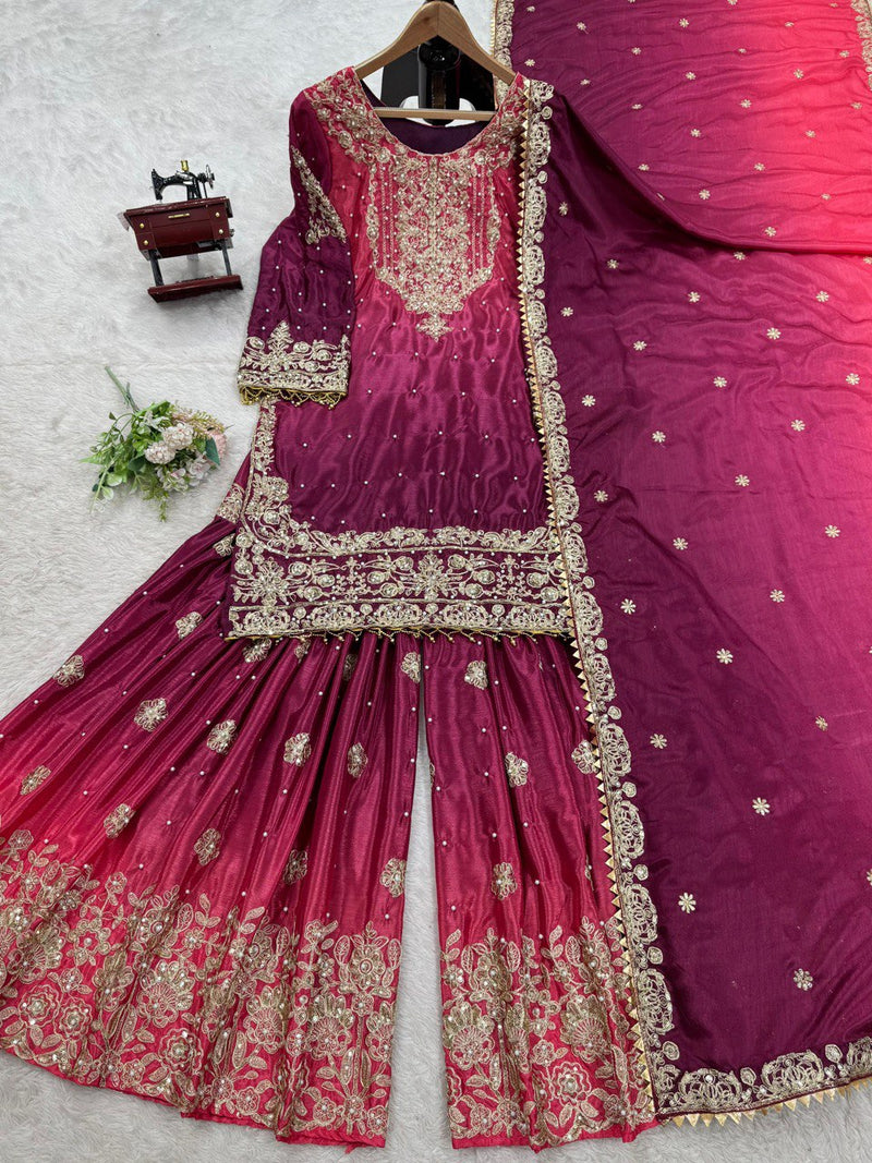 Dark Pink Color Sequence Work Designer Sharara Suit