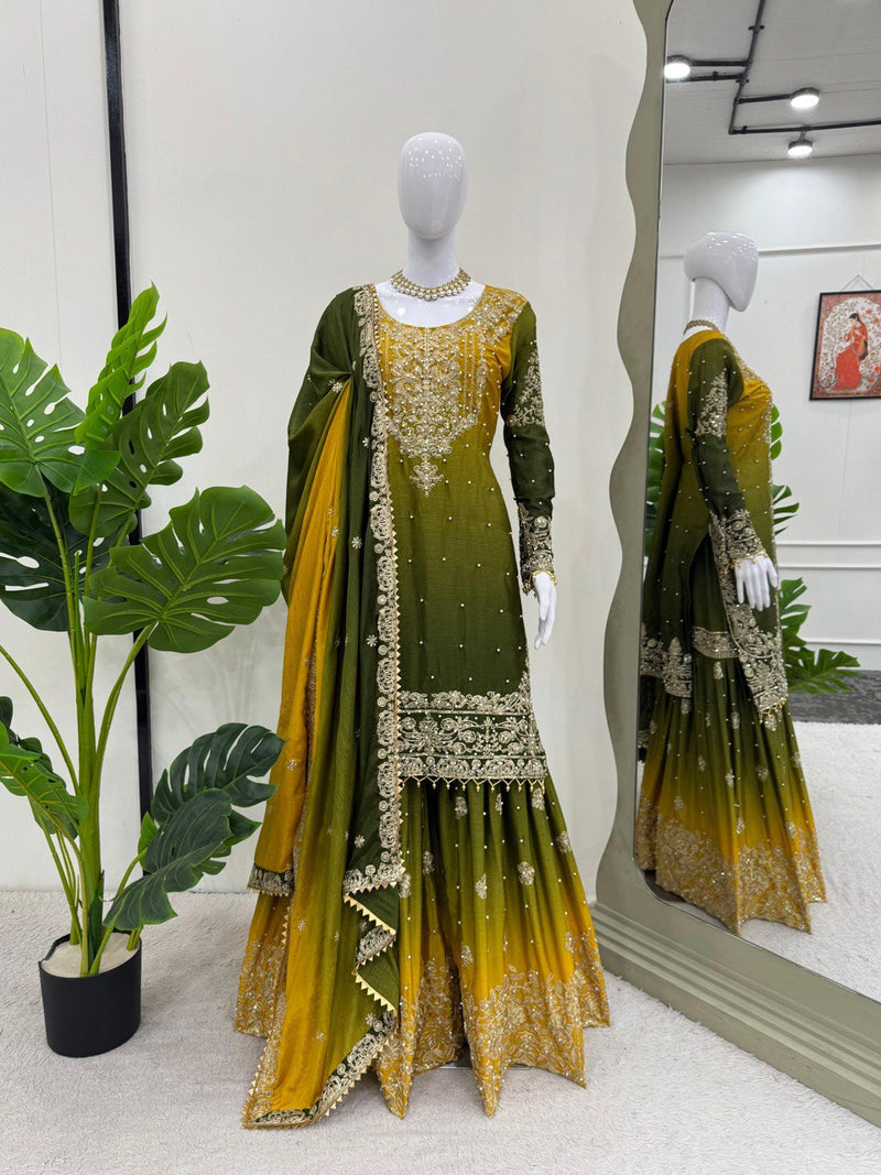 Olive Green Color Sequence Work Designer Sharara Suit