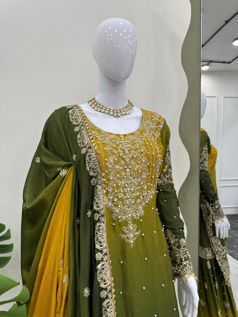 Olive Green Color Sequence Work Designer Sharara Suit