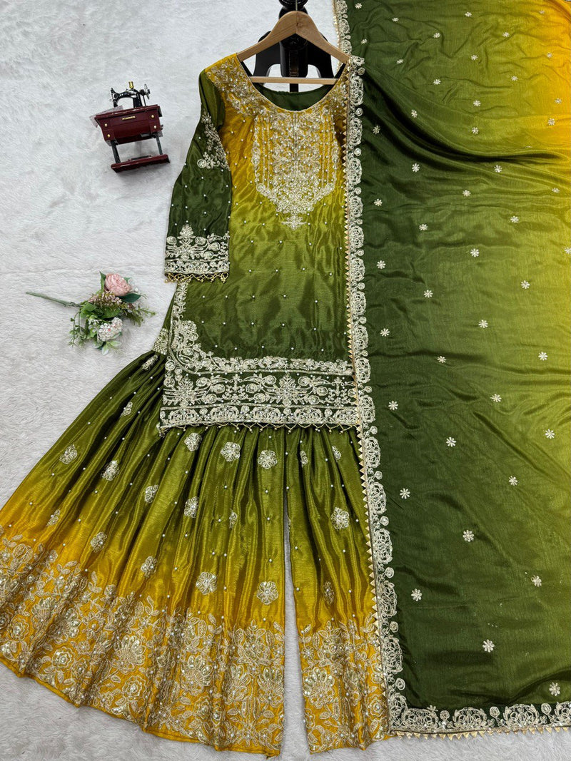 Olive Green Color Sequence Work Designer Sharara Suit